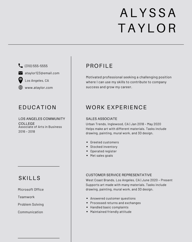 Black and White Simple Visual Artist Resume